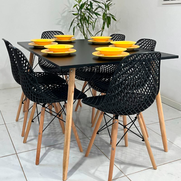 Conjunto de jantar Eames Eiffel: MESA RETANGULAR PRETA 90x1,35cm + 6 CADEIRAS COLMEIAS - Image 6