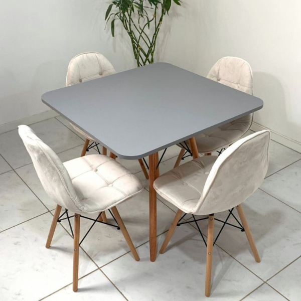 Conjunto de jantar Eames Eiffel: MESA QUADRADA CINZA 90x90cm + 4 CADEIRAS ESTOFADAS BETONÊ - Image 5