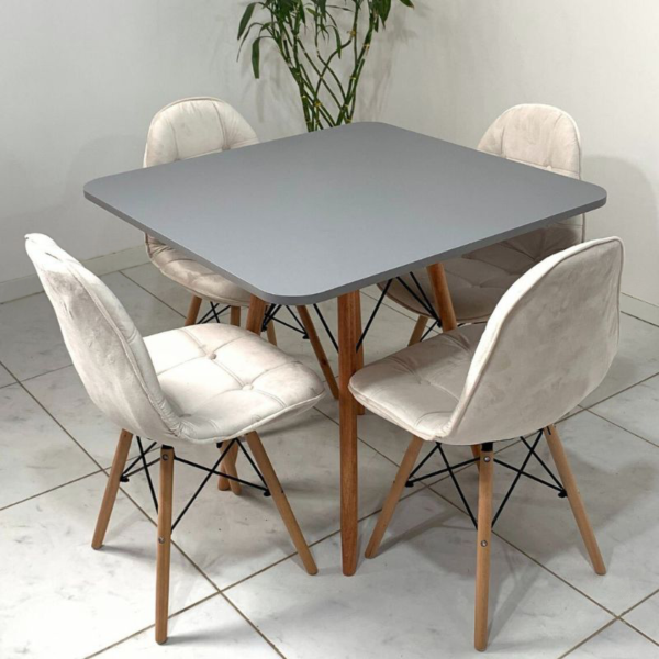 Conjunto de jantar Eames Eiffel: MESA QUADRADA CINZA 90x90cm + 4 CADEIRAS ESTOFADAS BETONÊ - Image 6