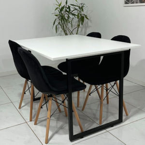 Conjunto de jantar Eames Eiffel: MESA RETANGULAR BRANCA COM PÉ INDUSTRIAL 90x120cm + 4 CADEIRAS ESTOFADAS BETONÊ - PRETA
