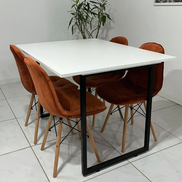 Conjunto de jantar Eames Eiffel: MESA RETANGULAR BRANCA COM PÉ INDUSTRIAL 90x120cm + 4 CADEIRAS ESTOFADAS BETONÊ - Image 8