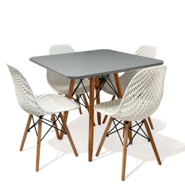 Conjunto de jantar Eames Eiffel: Mesa Quadrada cinza 90 cm x 90 cm + 4 Cadeiras Colmeia