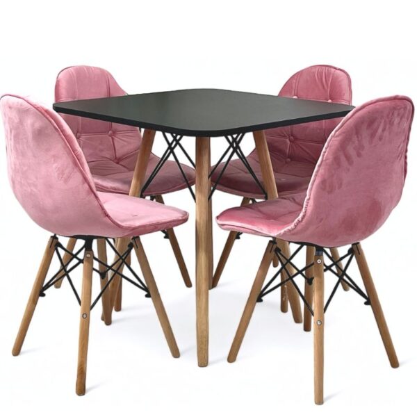 Conjunto de jantar Eames Eiffel: MESA QUADRADA PRETA 80x80cm + 4 CADEIRAS ESTOFADAS BETONÊ