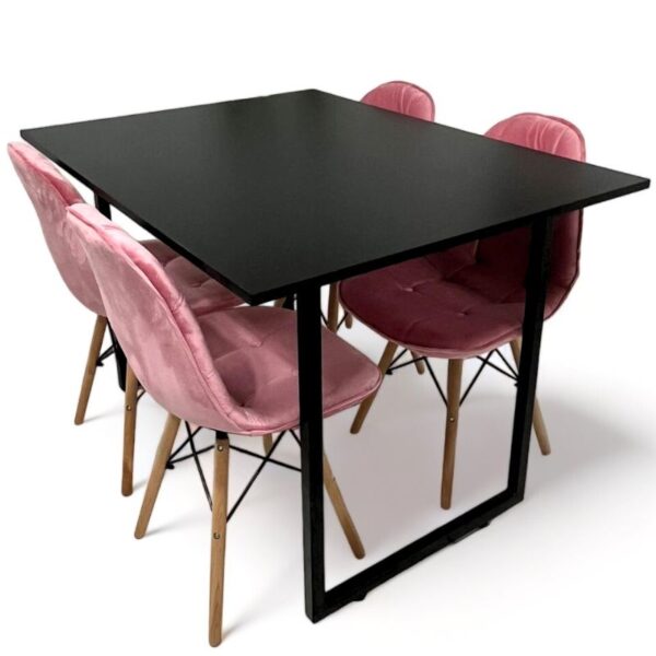 Conjunto de jantar Eames Eiffel: MESA RETANGULAR PRETA COM PÉ INDUSTRIAL 90X120cm + 4 CADEIRAS ESTOFADAS BETONÊ