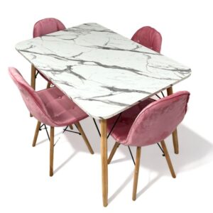 Conjunto de jantar Eames Eiffel: MESA RETANGULAR ESTILO GRANITO 90x120cm + 4 CADEIRAS ESTOFADAS BETONÊ