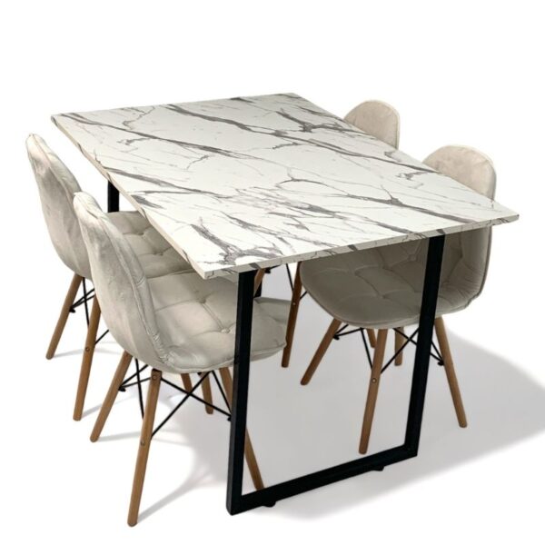 Conjunto de jantar Eames Eiffel: MESA RETANGULAR ESTILO GRANITO COM PÉ INDUSTRIAL 90X120cm + 4 CADEIRAS ESTOFADAS BETONÊ