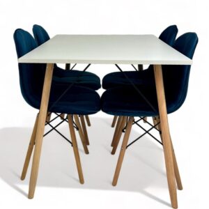 Conjunto de jantar Eames Eiffel: MESA RETANGULAR BRANCA 90x120cm + 4 CADEIRAS ESTOFADAS BETONÊ