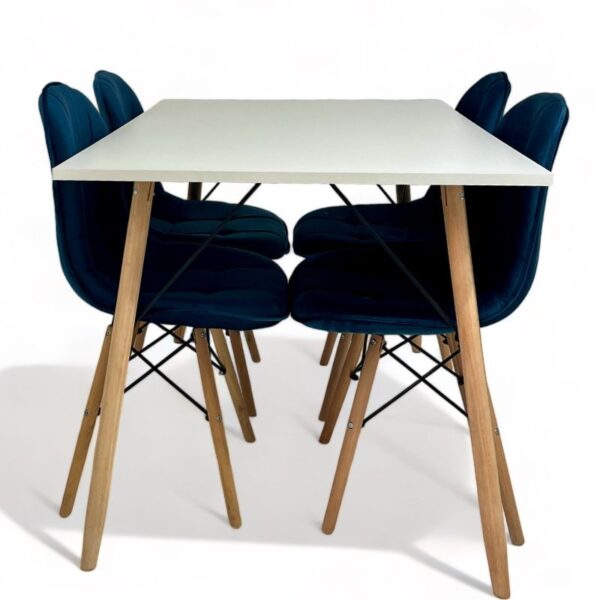 Conjunto de jantar Eames Eiffel: MESA RETANGULAR BRANCA 90x120cm + 4 CADEIRAS ESTOFADAS BETONÊ