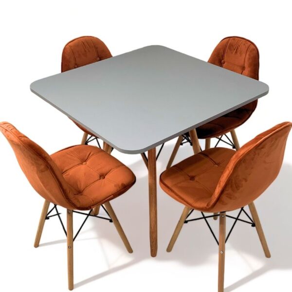 Conjunto de jantar Eames Eiffel: MESA QUADRADA CINZA 90x90cm + 4 CADEIRAS ESTOFADAS BETONÊ