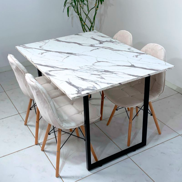 Conjunto de jantar Eames Eiffel: MESA RETANGULAR ESTILO GRANITO COM PÉ INDUSTRIAL 90X120cm + 4 CADEIRAS ESTOFADAS BETONÊ - Image 4