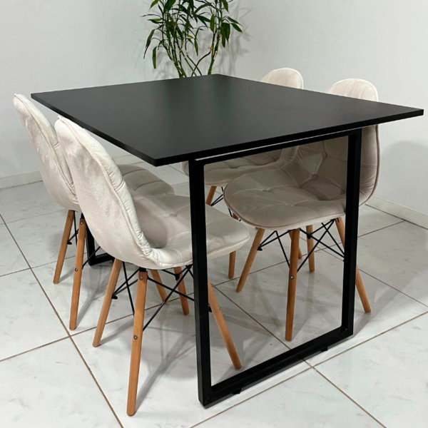 Conjunto de jantar Eames Eiffel: MESA RETANGULAR PRETA COM PÉ INDUSTRIAL 90X120cm + 4 CADEIRAS ESTOFADAS BETONÊ - Image 5