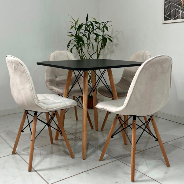 Conjunto de jantar Eames Eiffel: MESA QUADRADA PRETA 80x80cm + 4 CADEIRAS ESTOFADAS BETONÊ - Image 4
